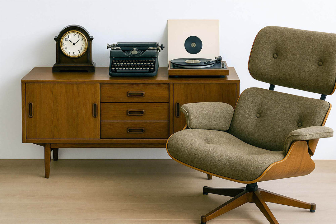 Vintage furniture setup with a classic typewriter, clock, and record player, perfect for collectors of retro home decor.