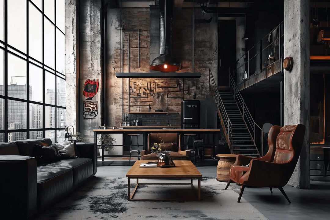 Industrial living room design with vintage decor and exposed materials, featuring a leather sofa and armchair, and a rustic coffee table.