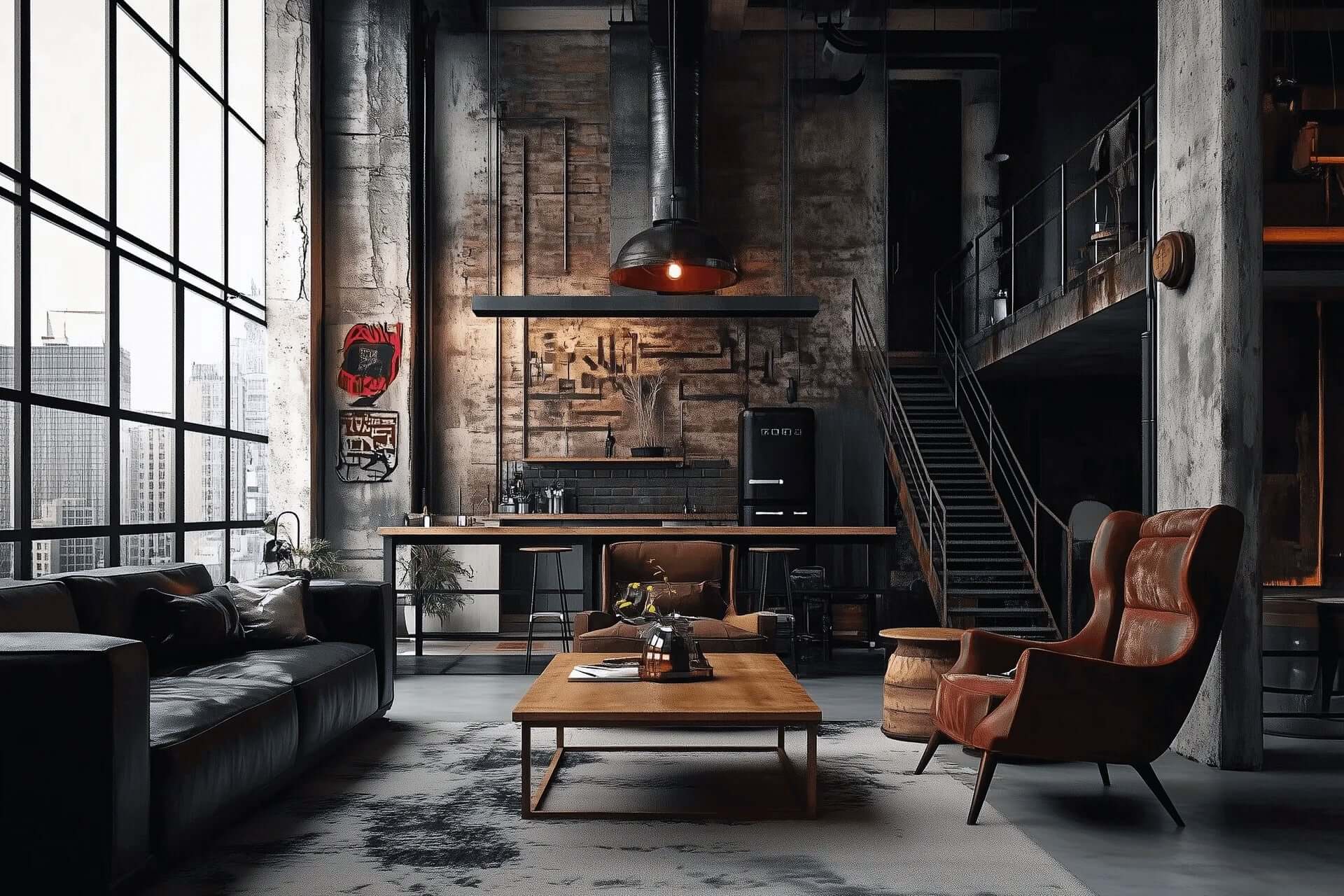 Industrial living room design with vintage decor and exposed materials, featuring a leather sofa and armchair, and a rustic coffee table.