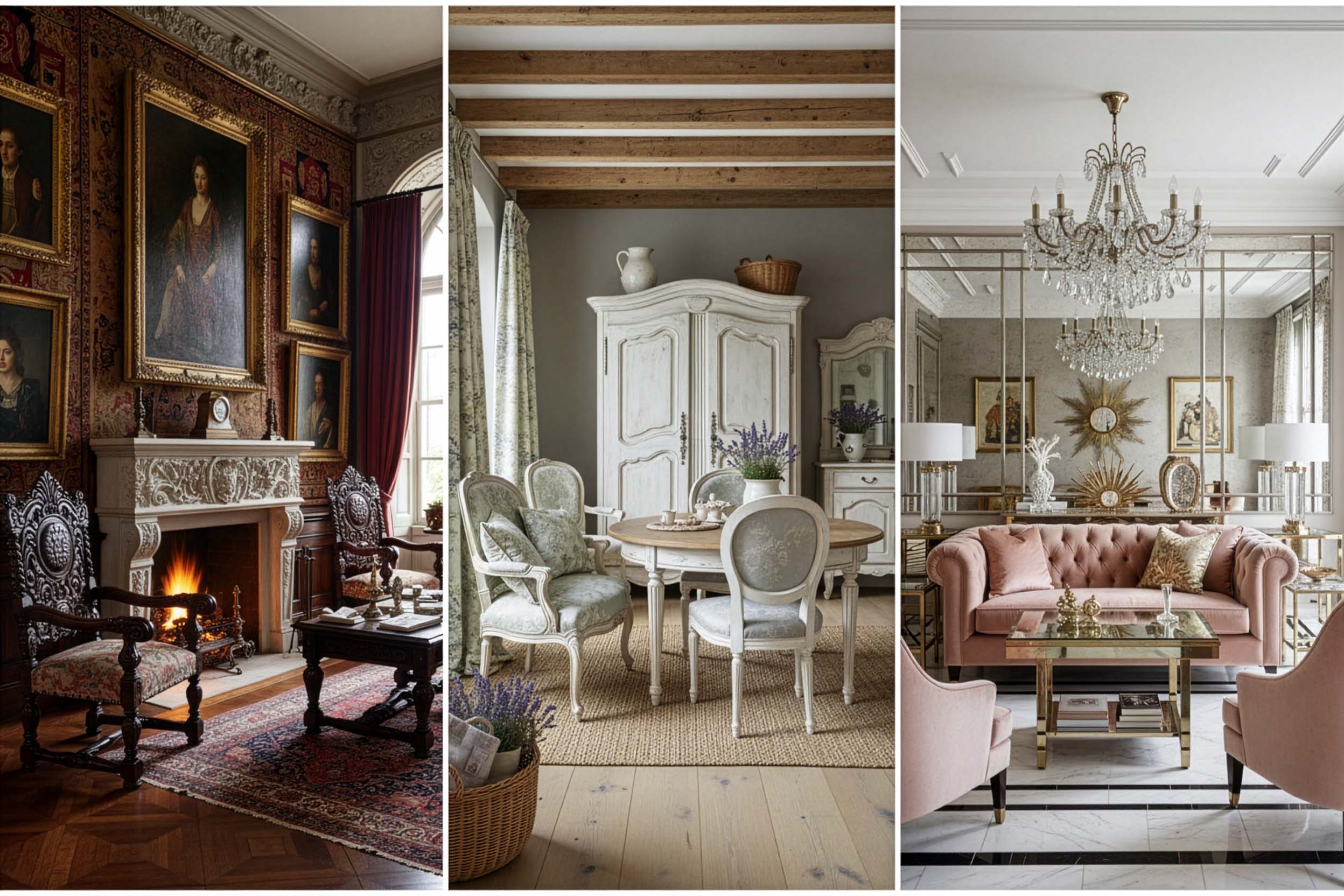 Showing the different decorative styles between Old World Manor vs French country vs Vintage Glamour