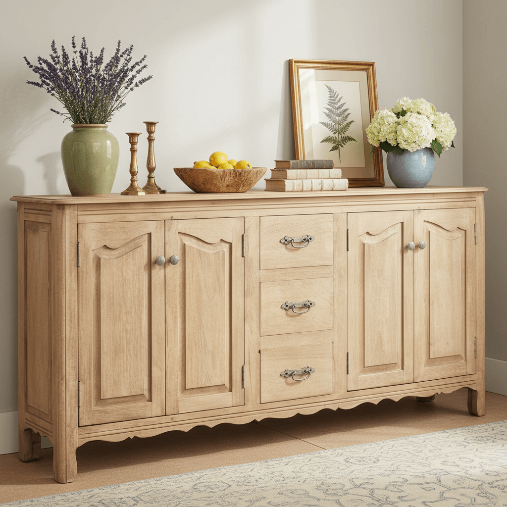 Natural wood French-style sideboard with drawers and paneled doors, styled with flowers and tabletop accents.