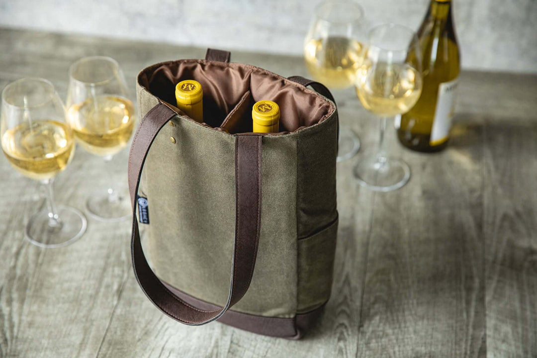 2 Bottle Insulated Wine Cooler Bag with two wine bottles and glasses on a wooden table.