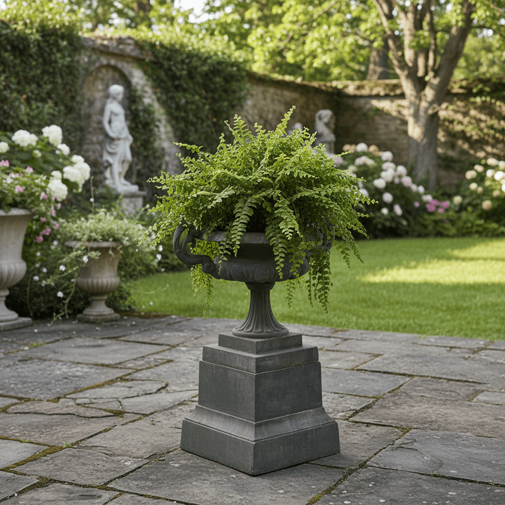 Cast iron urn planter with scroll handles and a fern, standing on a square plinth in a leafy garden.