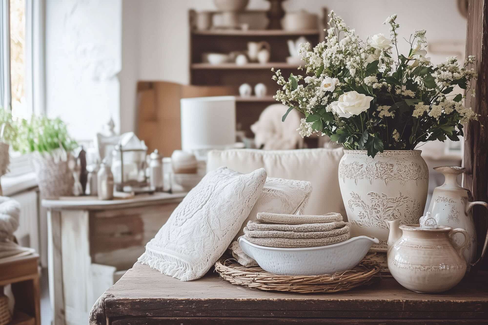 Charming cottagecore decor featuring floral vase, handmade textiles, and vintage kitchenware on a rustic wooden table.