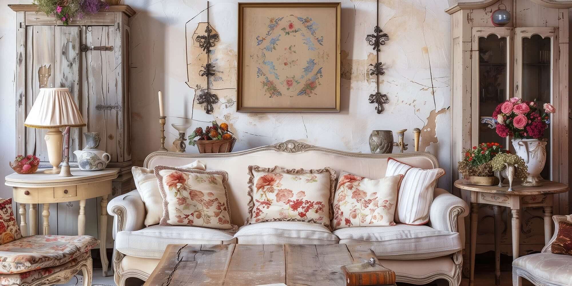 Cozy French Country living room featuring an antique sofa, vintage décor, and floral cushions, evoking rustic charm.