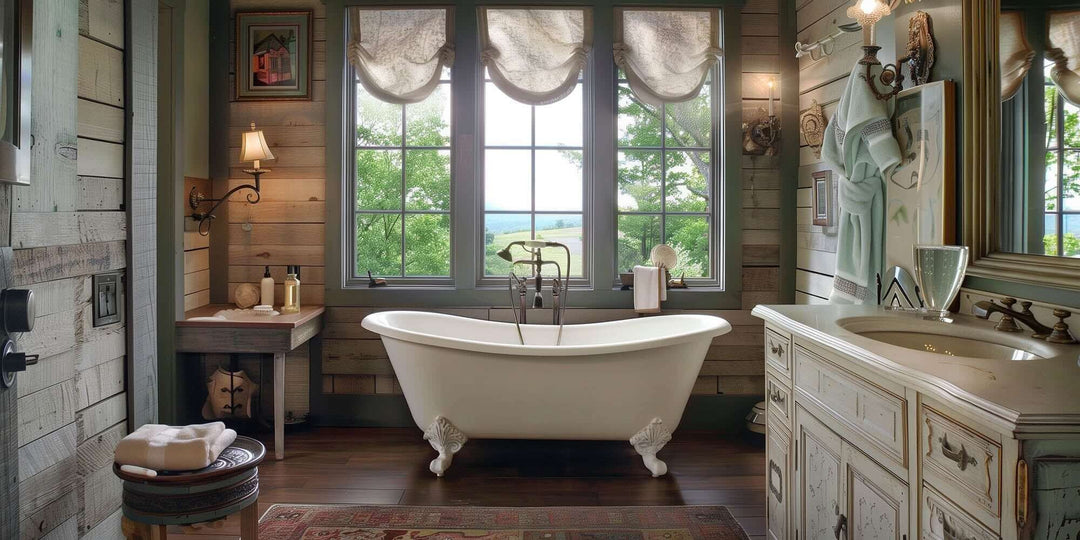 Vintage bathroom featuring a freestanding tub, rustic wood accents, and large windows for a nostalgic ambiance.