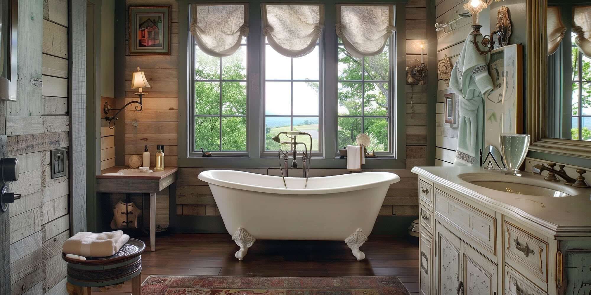 Vintage bathroom featuring a freestanding tub, rustic wood accents, and large windows for a nostalgic ambiance.