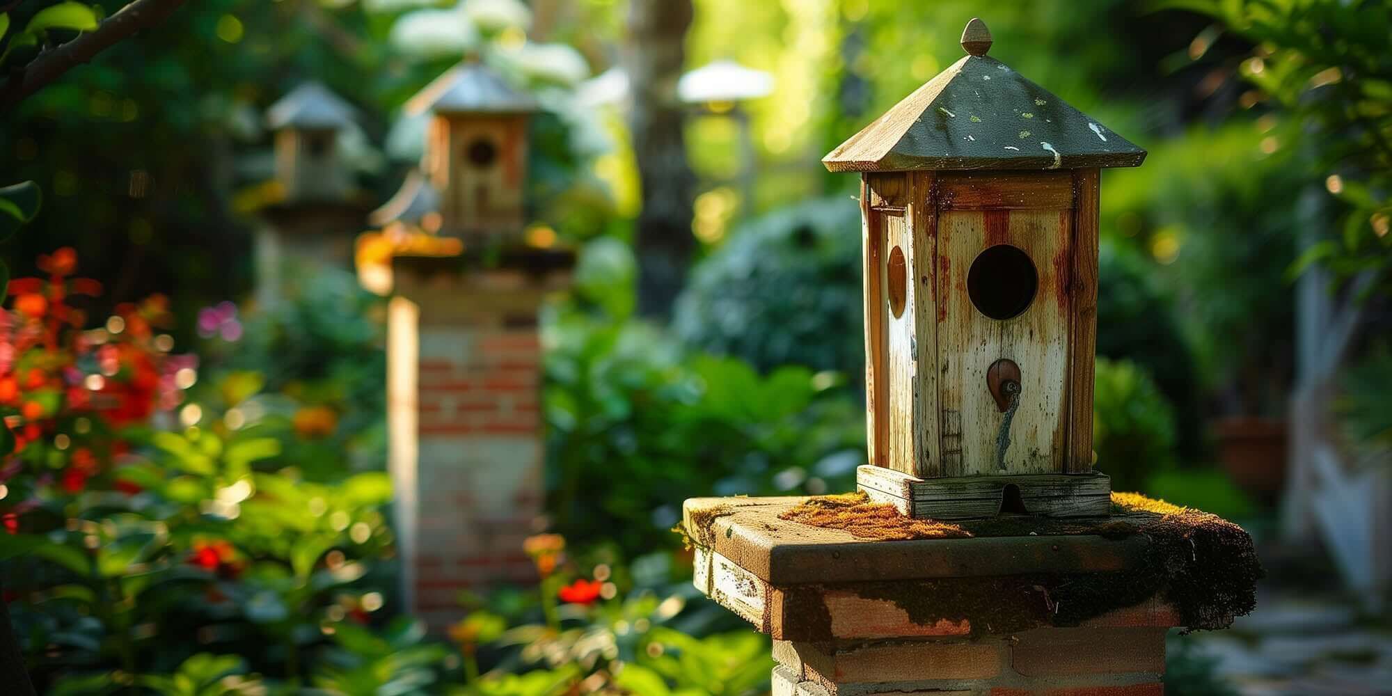 Vintage birdhouses on garden pillars surrounded by lush greenery and colorful flowers, adding charm to the backyard.