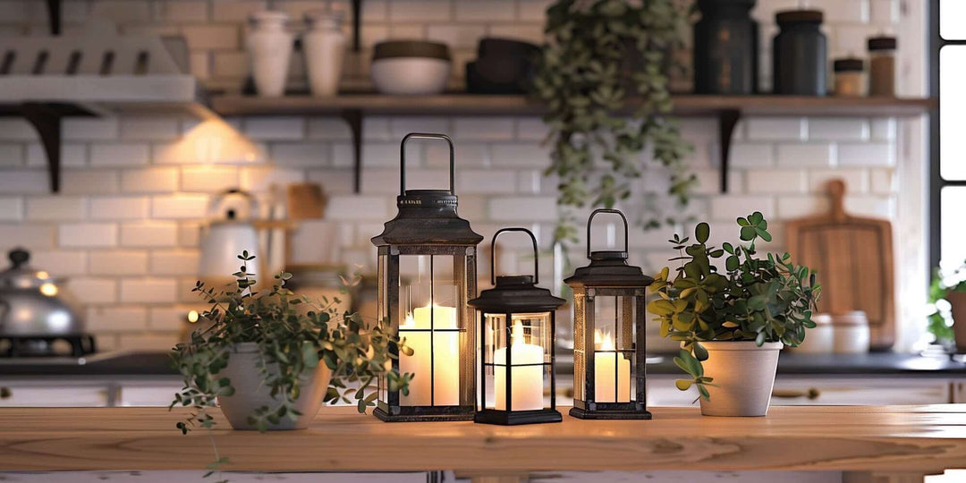 Vintage lanterns with candles surrounded by potted plants on a kitchen counter, adding warmth and charm.