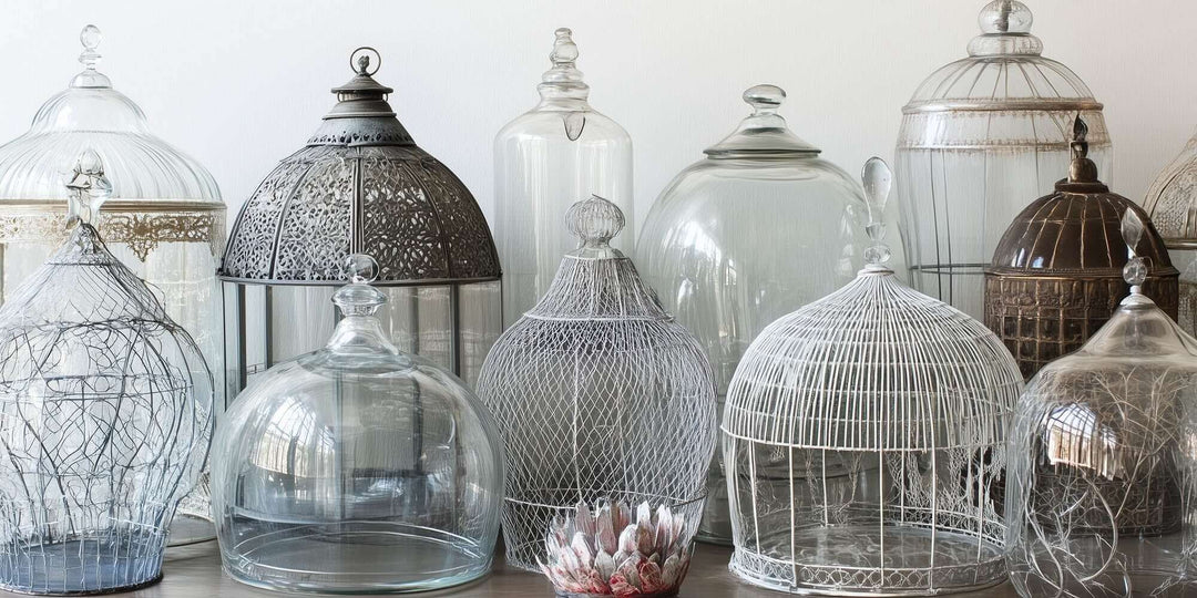 Various vintage cloches in glass and metal showcasing elegant designs for home décor.