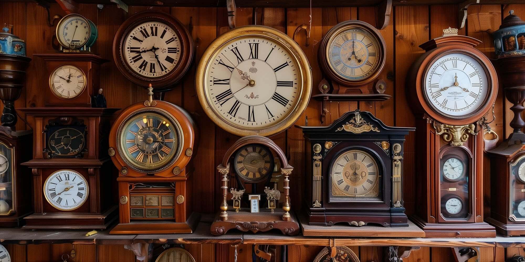 Vintage collection of ornate clocks displayed on a wooden wall, featuring various styles and designs.