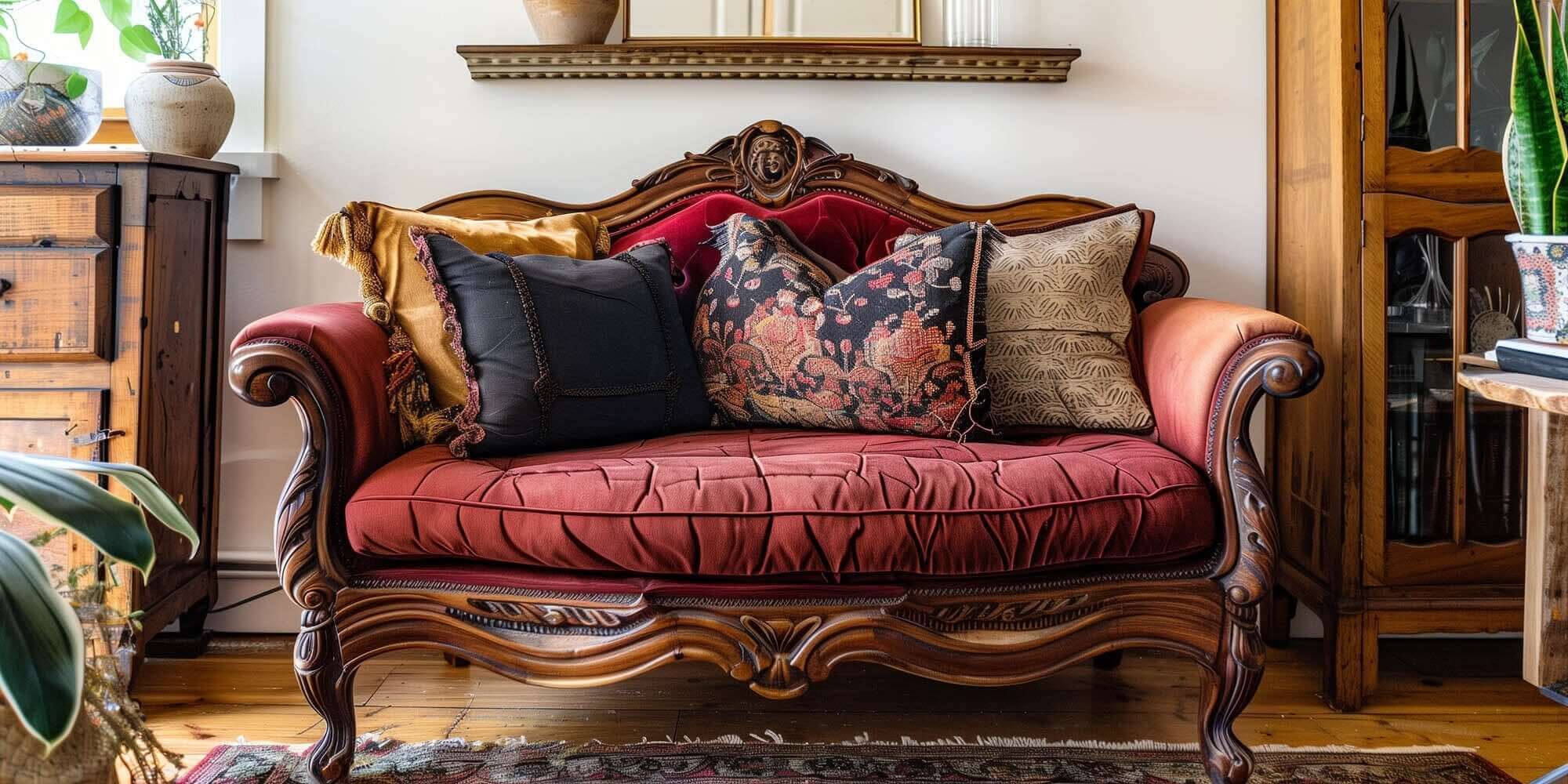 Vintage-inspired sofa with ornate wooden frame and colorful pillows in a cozy living room setting.