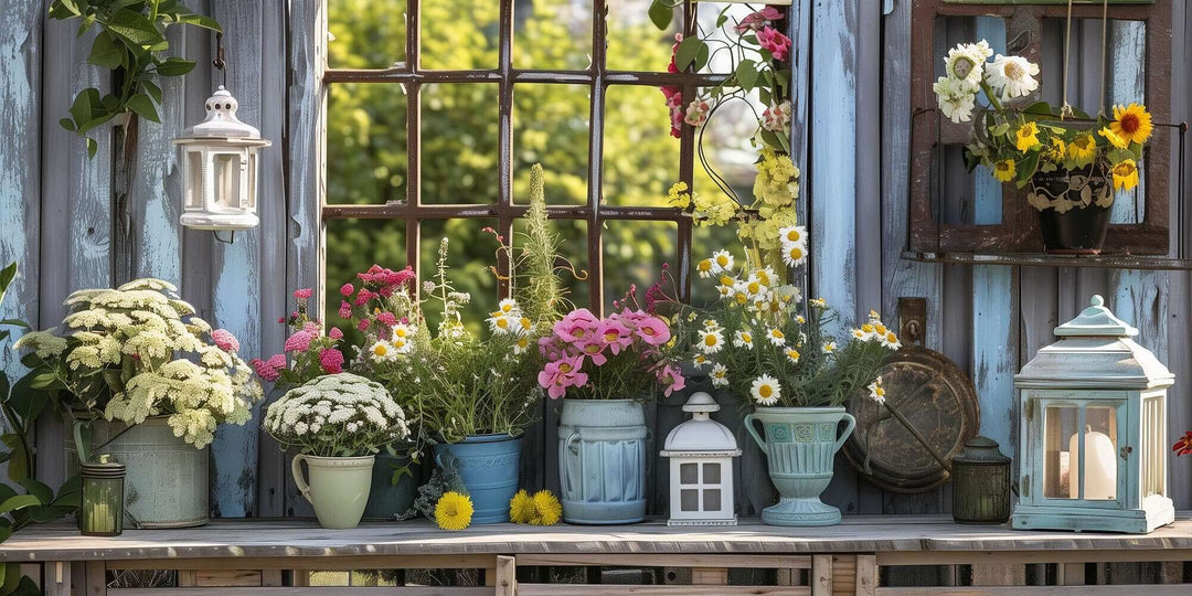Vintage garden accessories featuring colorful planters, flowers, and lanterns against a rustic backdrop.