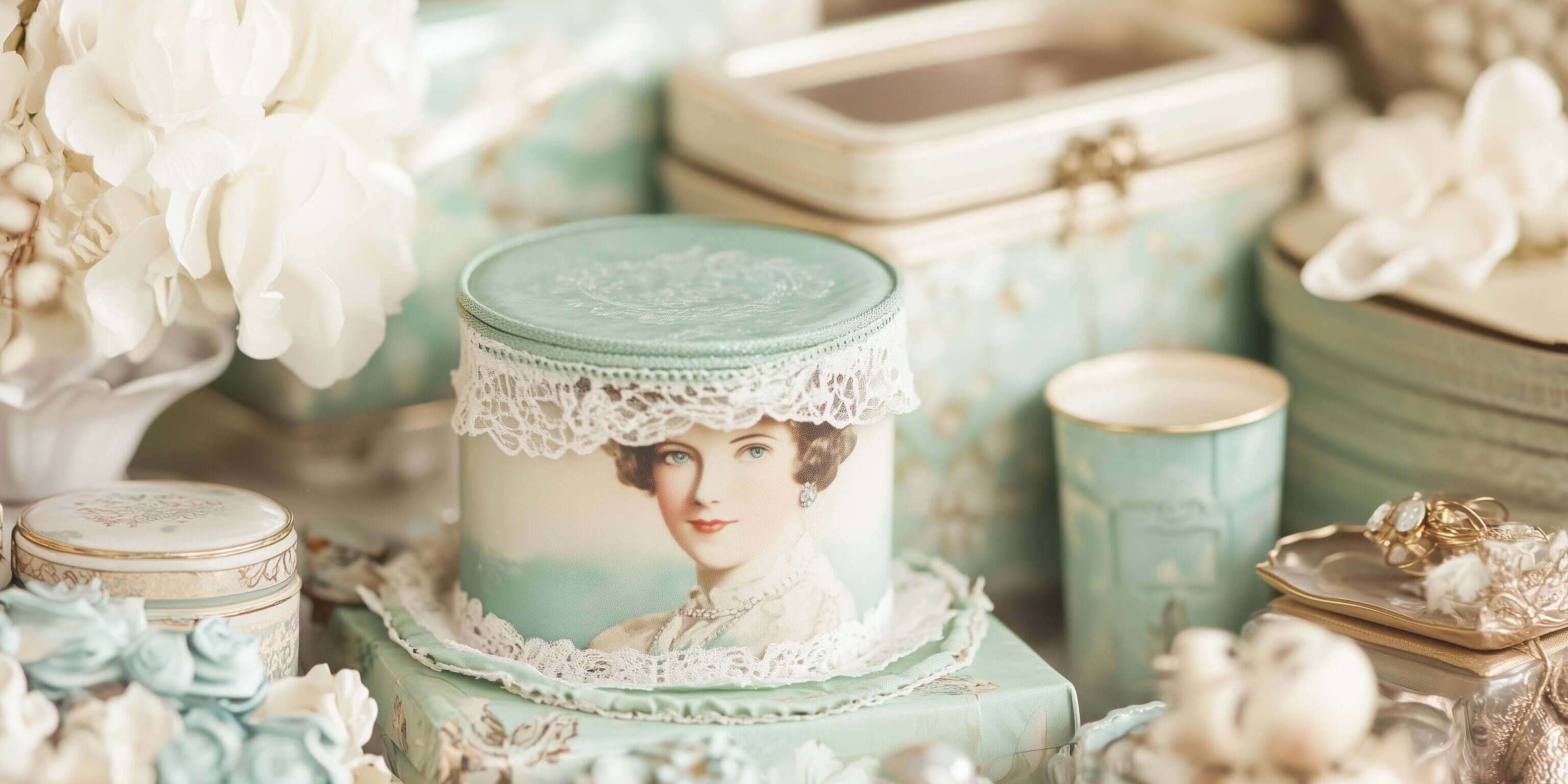 Vintage decorative tin with lace and retro portrait, surrounded by antique-inspired gifts and flowers.