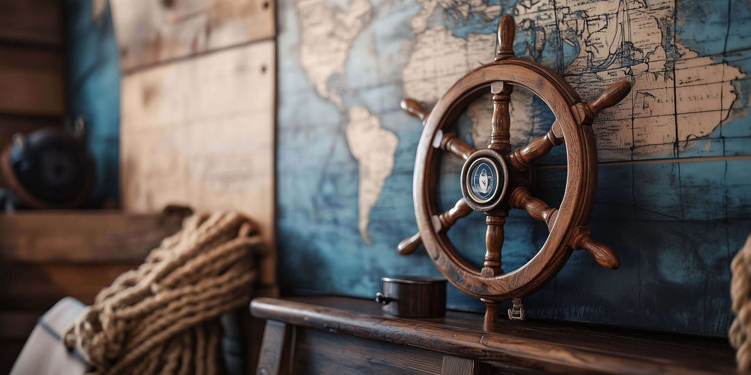vintage wooden ship's wheel on a textured world map background, showcasing nautical charm and timeless elegance.