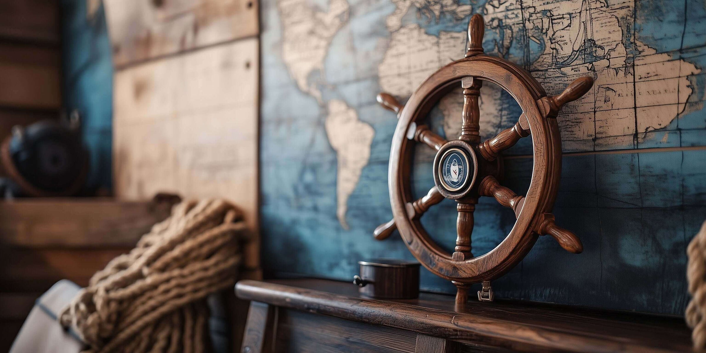 vintage wooden ship's wheel on a textured world map background, showcasing nautical charm and timeless elegance.