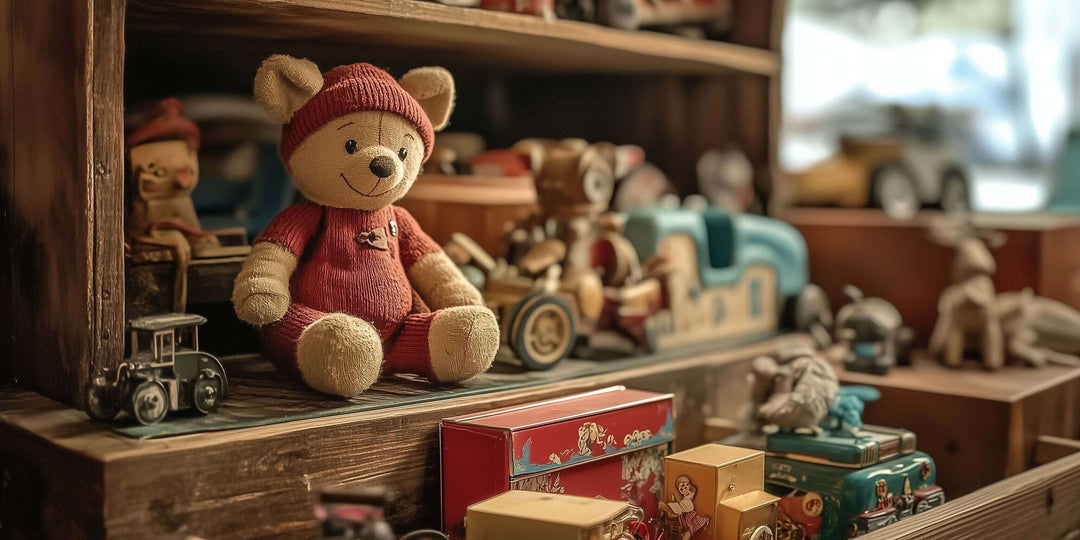 Vintage teddy bear and classic toys on a wooden shelf, evoking nostalgia and joy for kids.