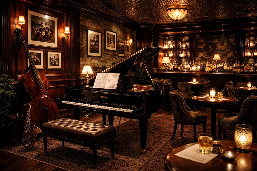 old world jazz club with piano and bar