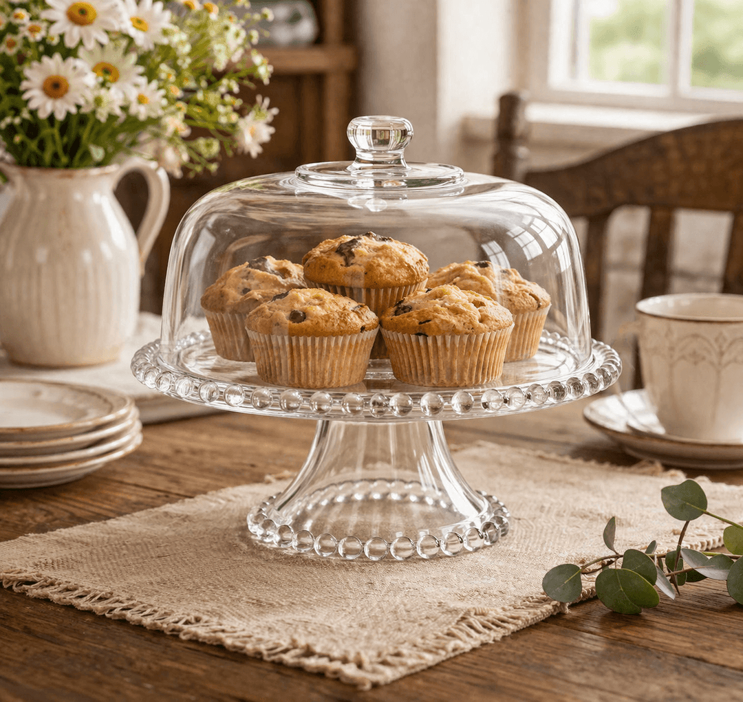 Glass cake stand with a beaded edge and cloche holding muffins on a linen-covered wooden table.