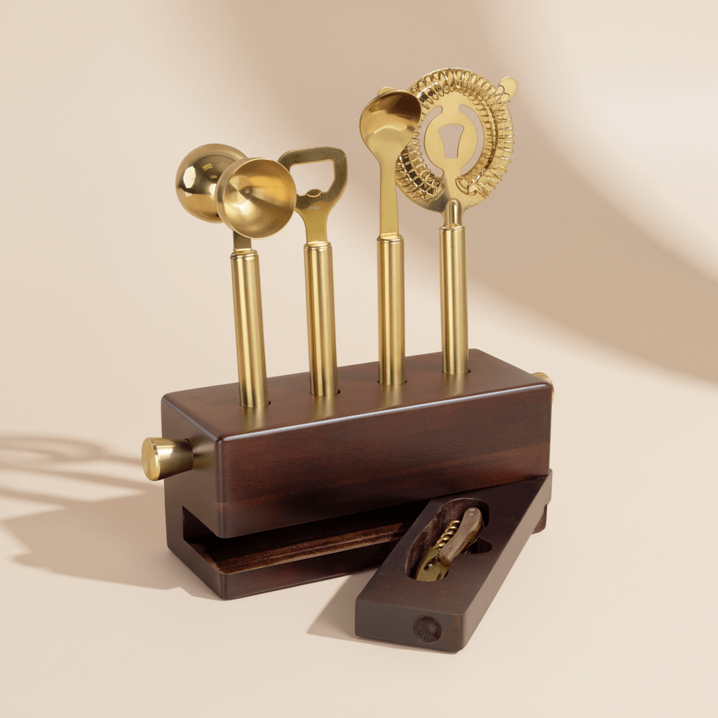 Brass-finish cocktail tools arranged in an acacia wood holder