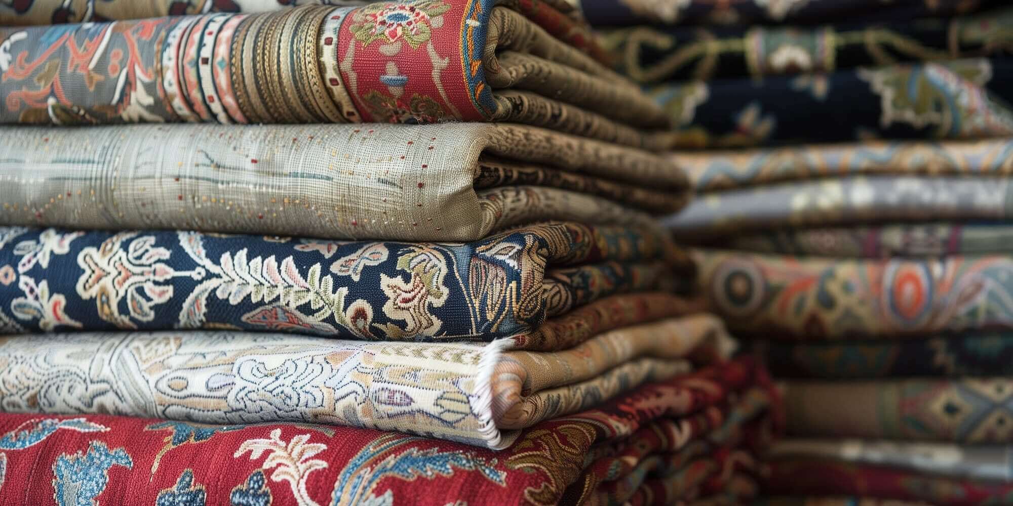 Stacked vintage textiles showcasing intricate patterns and rich colors for home decor inspiration.