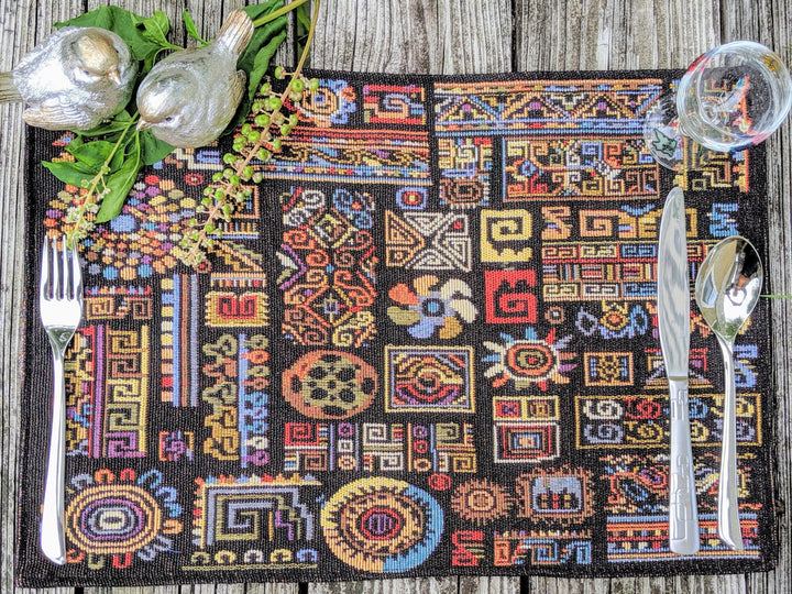 DaDa Bedding Set of 4-Pieces Ethnic Ornaments Geometric Black Tapestry Dining Placemats 13” x 19” (18118)