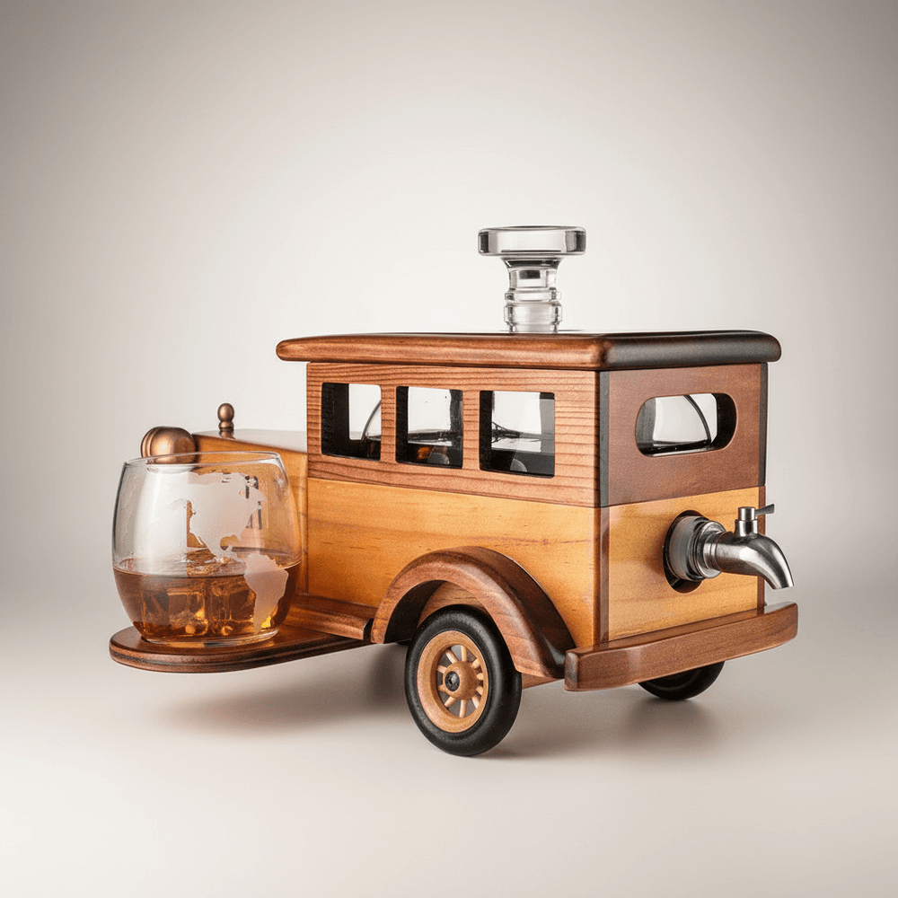 Wooden car-shaped decanter with glass carafe on a beige background