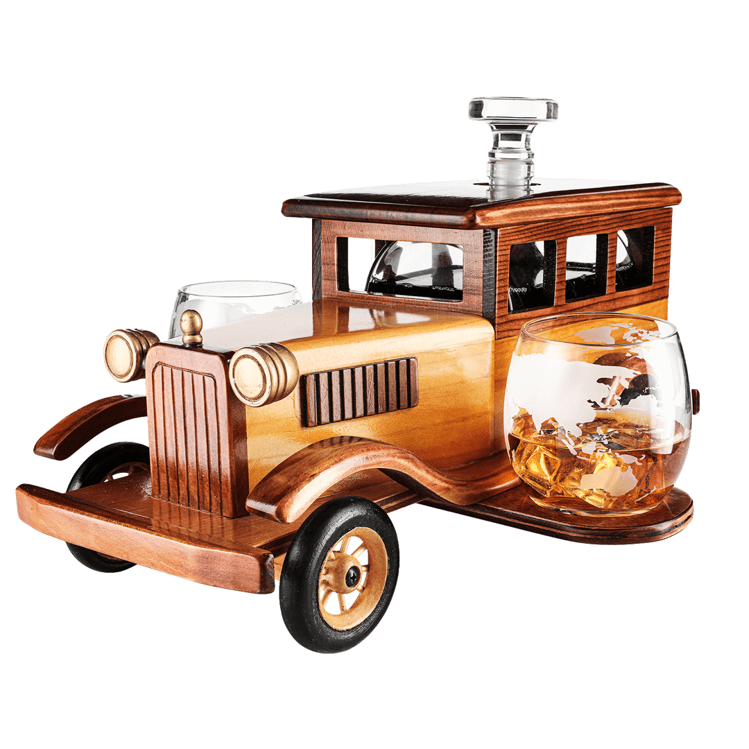 Wooden car-shaped decanter with two glasses on a white background