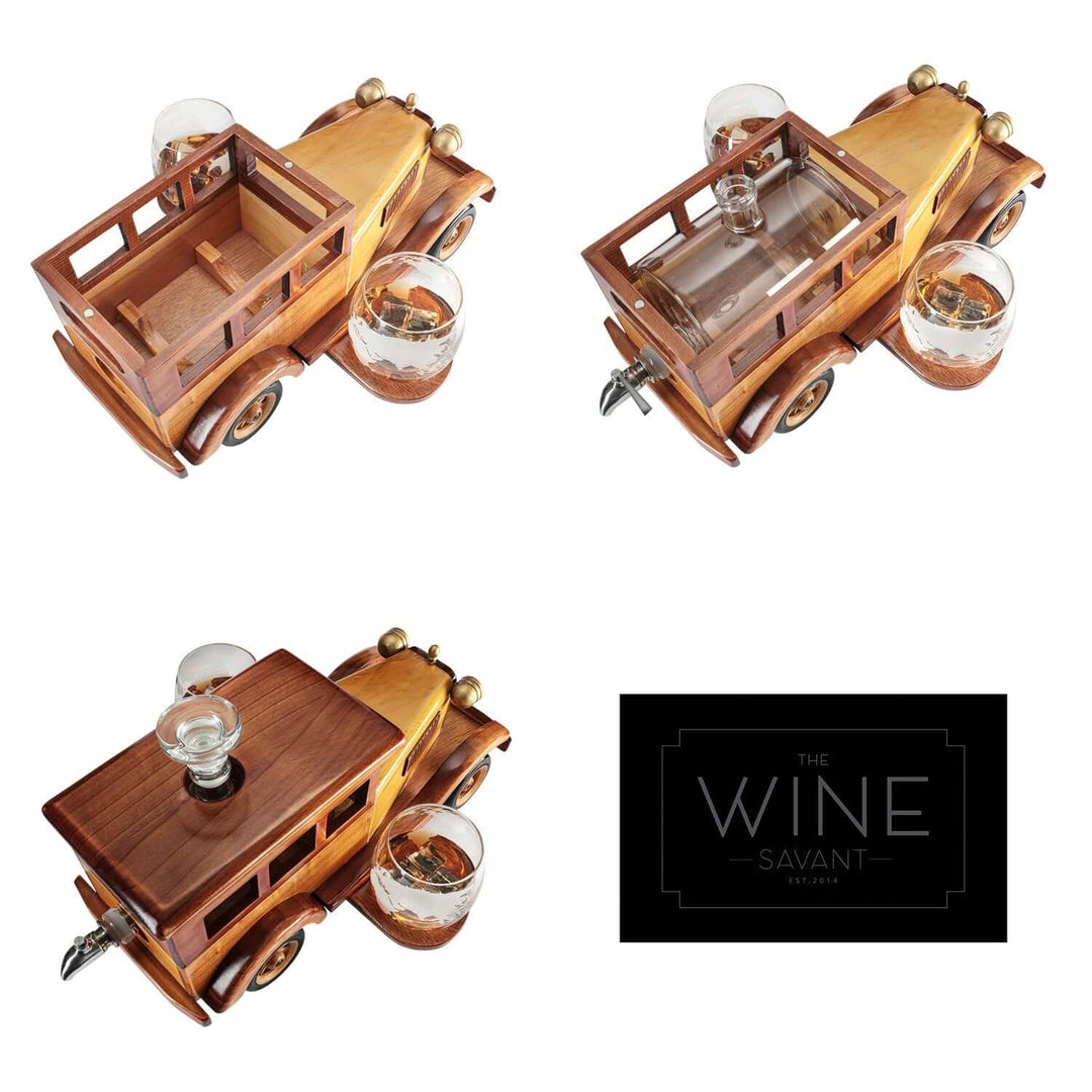 Wooden car-shaped decanter set with glasses on a white background, featuring 'The Wine Savant' brand.