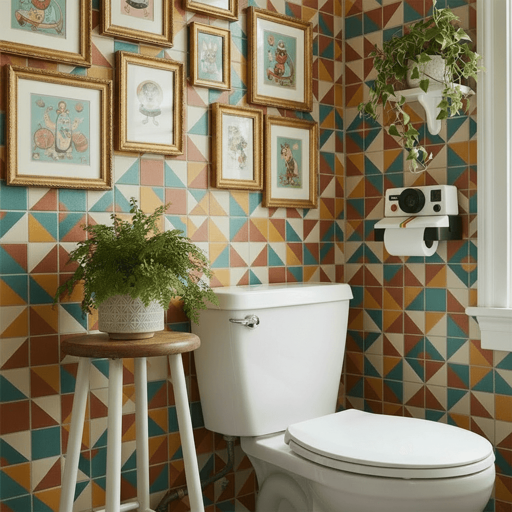 Bathroom with colorful geometric tiles, a white toilet, and framed pictures on the wall.
