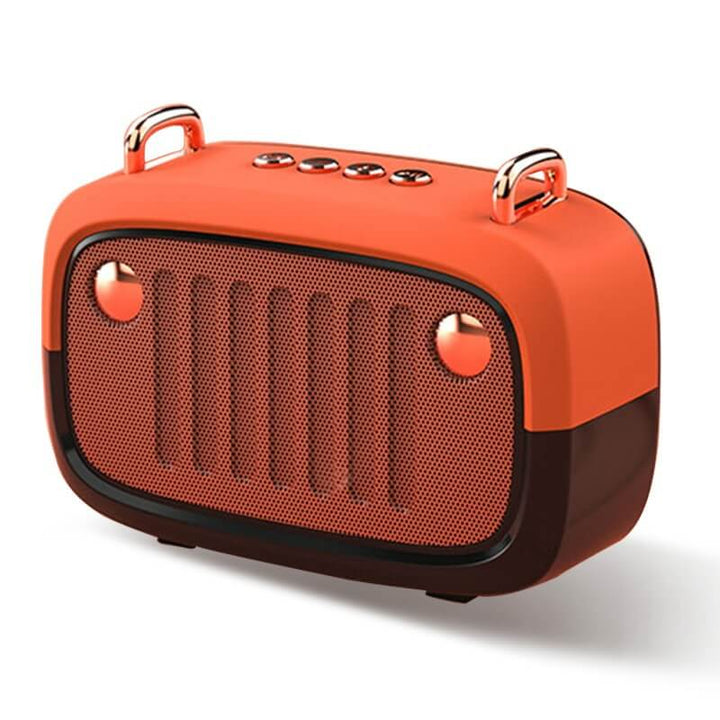 Orange and brown portable speaker on a white background