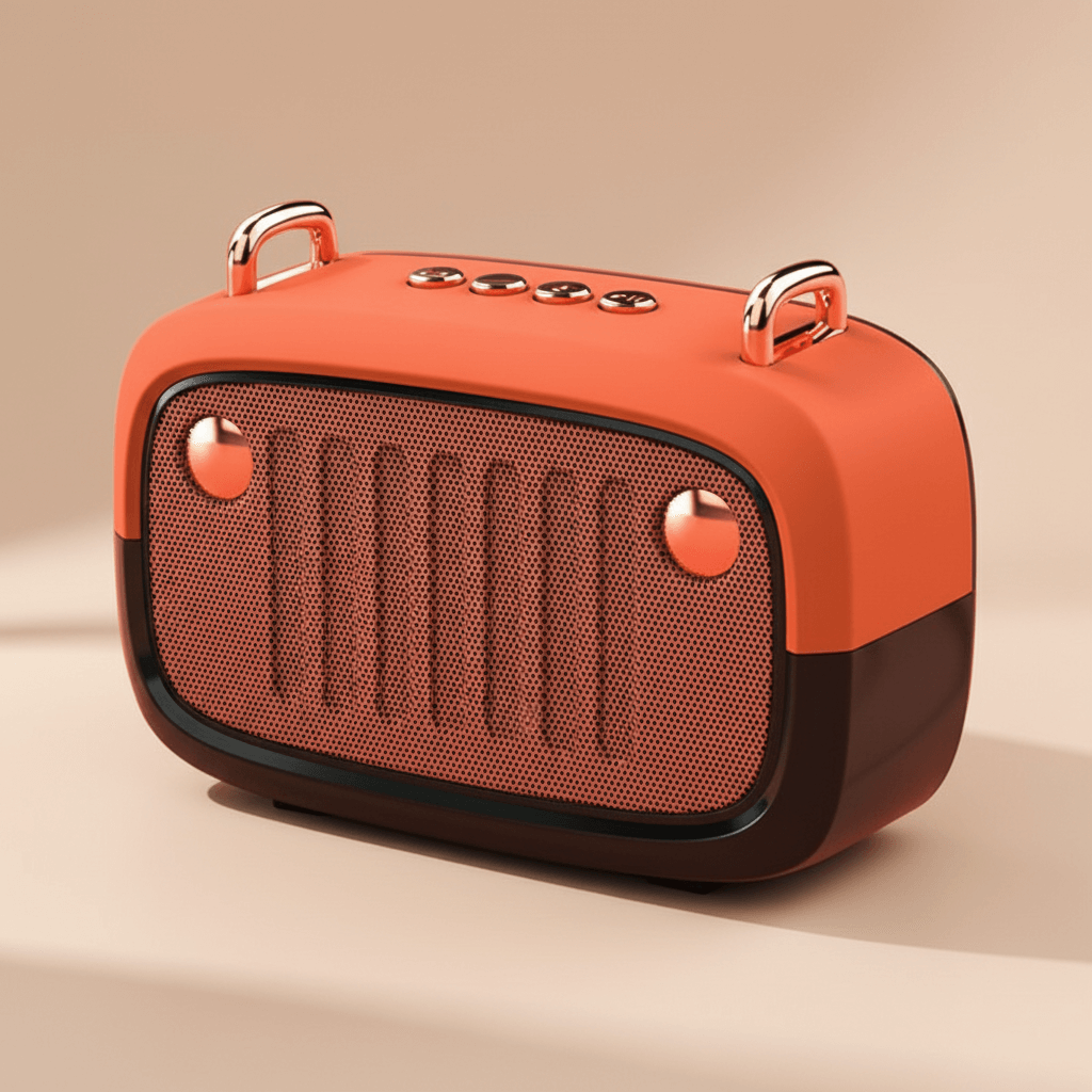 Orange and brown portable speaker on a beige background