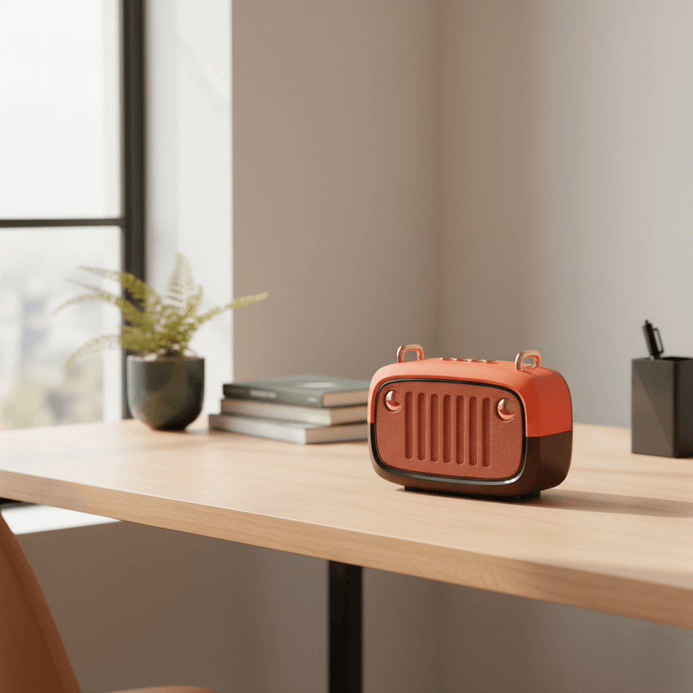Orange and brown retro speaker on a wooden desk with a blurred background