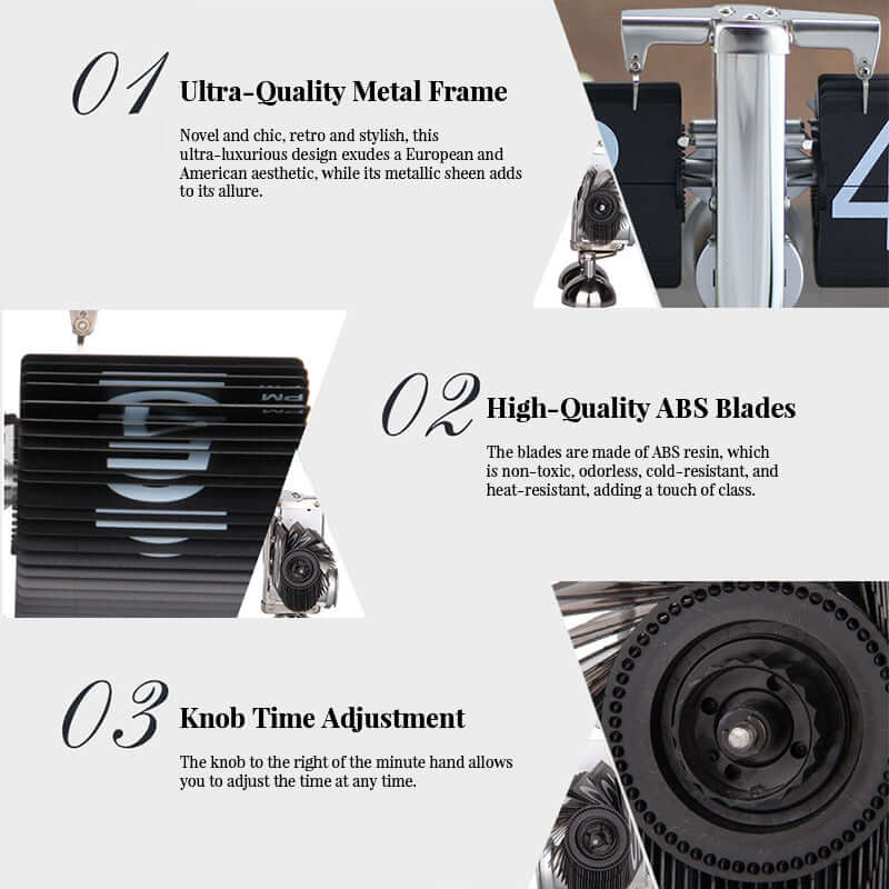 Product features with text on ultra-quality metal frame, high-quality ABS blades, and knob time adjustment.