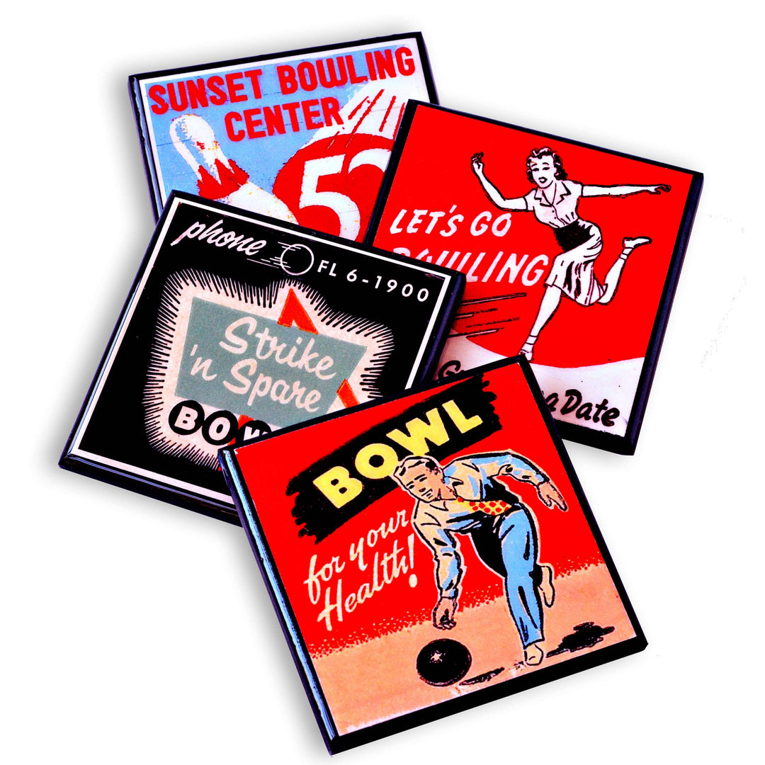 Four vintage-style bowling coasters on a white background