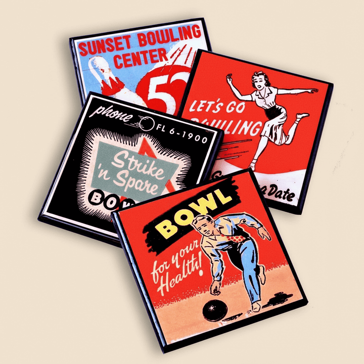 Four vintage-style bowling coasters on a beige background