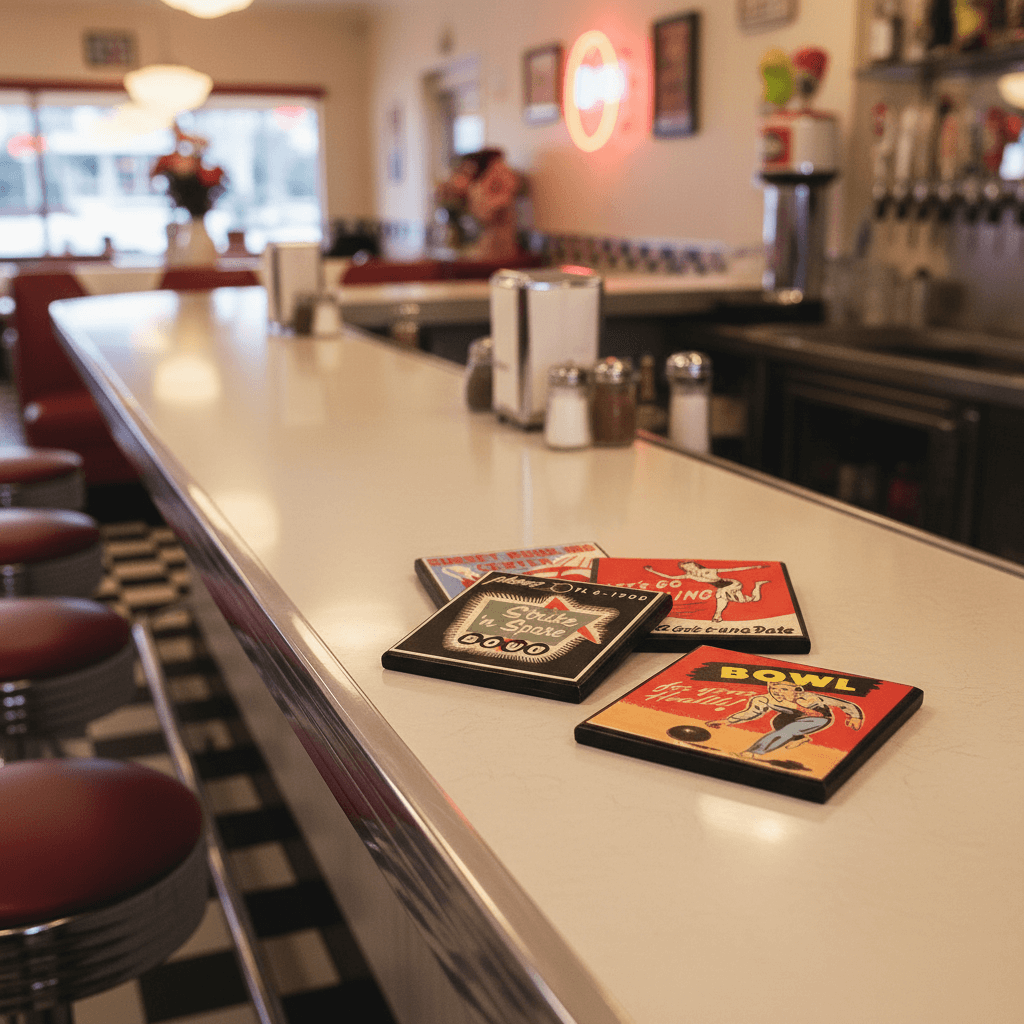 Coasters on a bar counter with a blurred bar and stools in the background