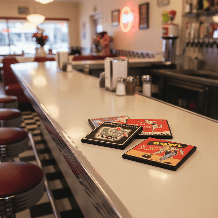 Coasters on a bar counter with a blurred bar and stools in the background