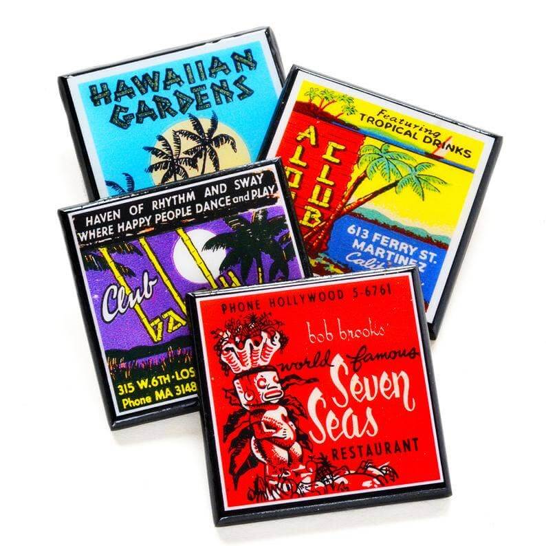 Four colorful vintage-style posters with different designs and text on a white background.