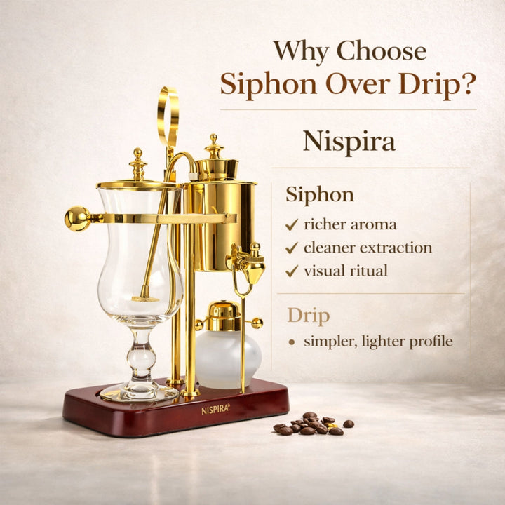 Nispira Vintage Belgian Syphon Coffee Maker – Gold Vacuum Brewer with Alcohol Burner