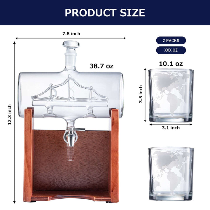 Glass decanter set with wooden base and two glasses, including measurements.