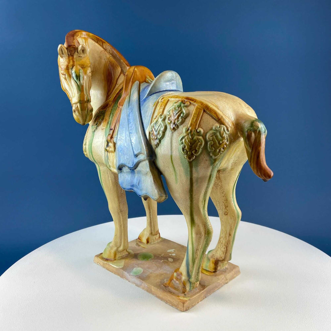 16.5" Tang Dynasty Like Ceramic War Horse. Chinese Sancai 3 Color Streaked Glaze. Collectible Animal Figurine. Gift for Him. Art Home Decor.