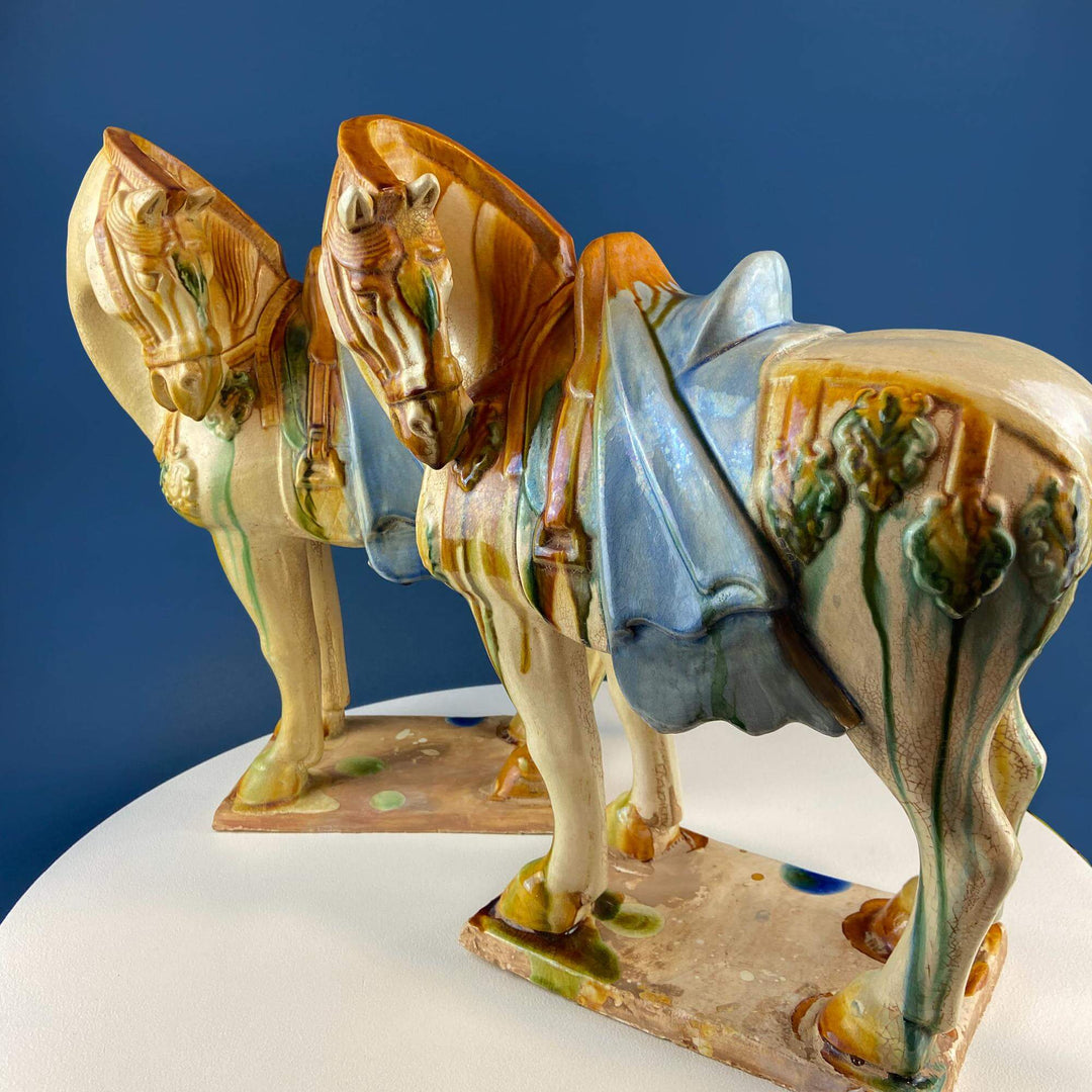 16.5" Tang Dynasty Like Ceramic War Horse. Chinese Sancai 3 Color Streaked Glaze. Collectible Animal Figurine.