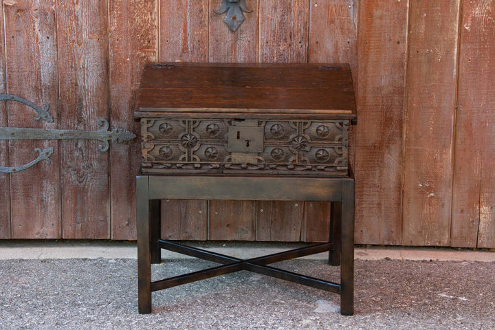 18th Century English Oak Writing Box on Stand showcasing Georgian craftsmanship against a rustic wooden backdrop.