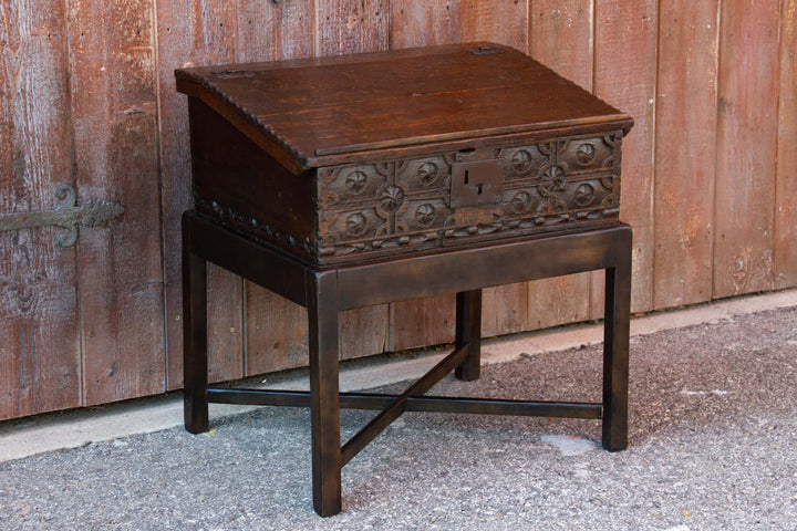 18th Century English Oak Writing Box on Stand showcasing Georgian craftsmanship and rustic elegance.