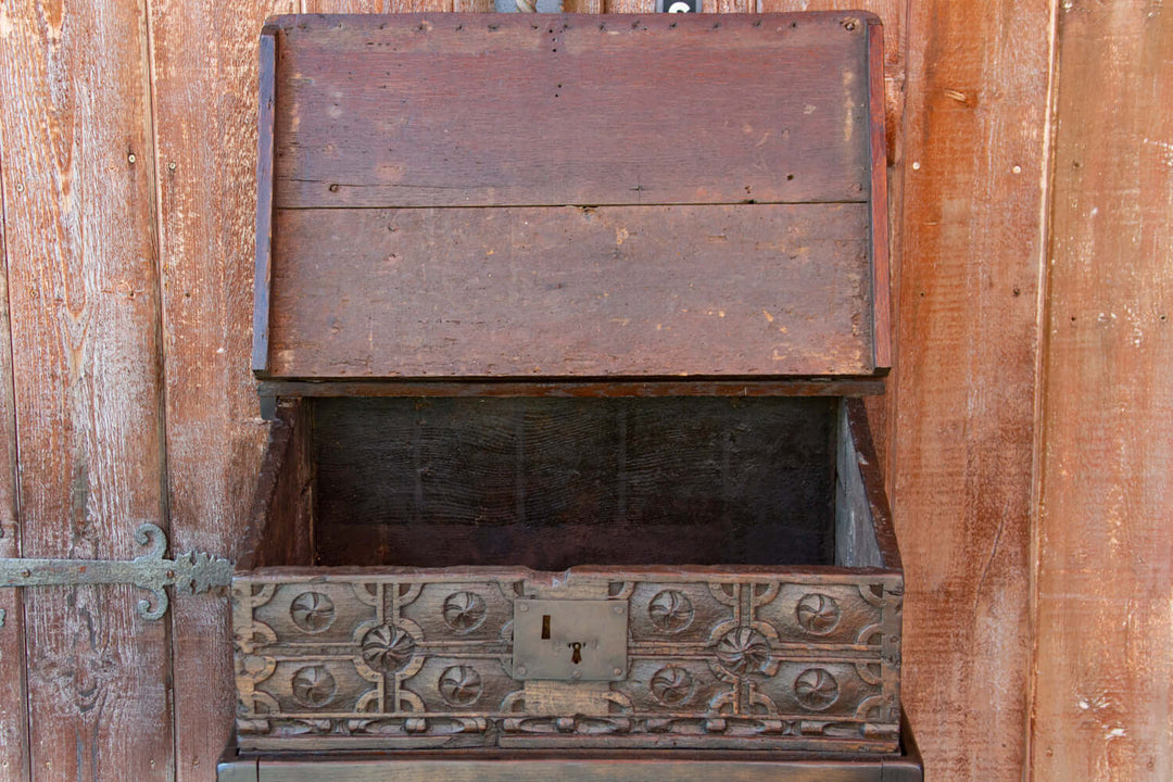 18th Century English Oak Writing Box on Stand with intricate craftsmanship and antique charm.