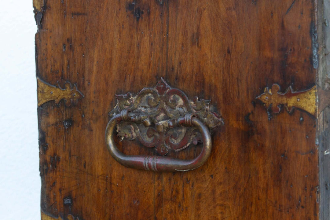 Close-up of handle detail on 18th Century Spanish Antique Walnut Vargueño on Stand