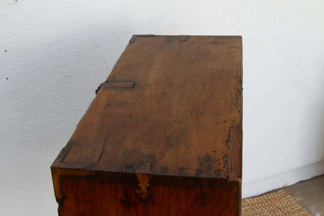 Top view of an 18th Century Spanish Antique Walnut Vargueño on Stand, showcasing the craftsmanship of Spanish Baroque furniture.