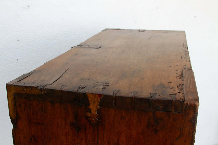 Top view of 18th Century Spanish Antique Walnut Vargueño on Stand showing detailed wood craftsmanship and historic patina.