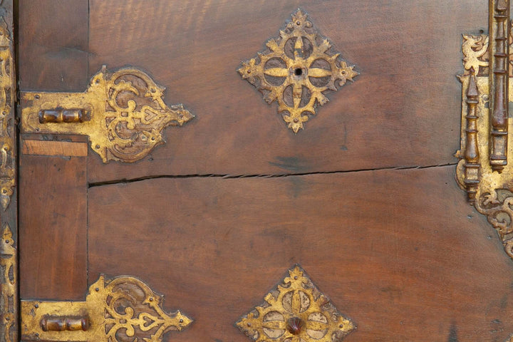 18th Century Spanish Antique Walnut Vargueño on Stand showcasing intricate Baroque metalwork and aged wood grain details.